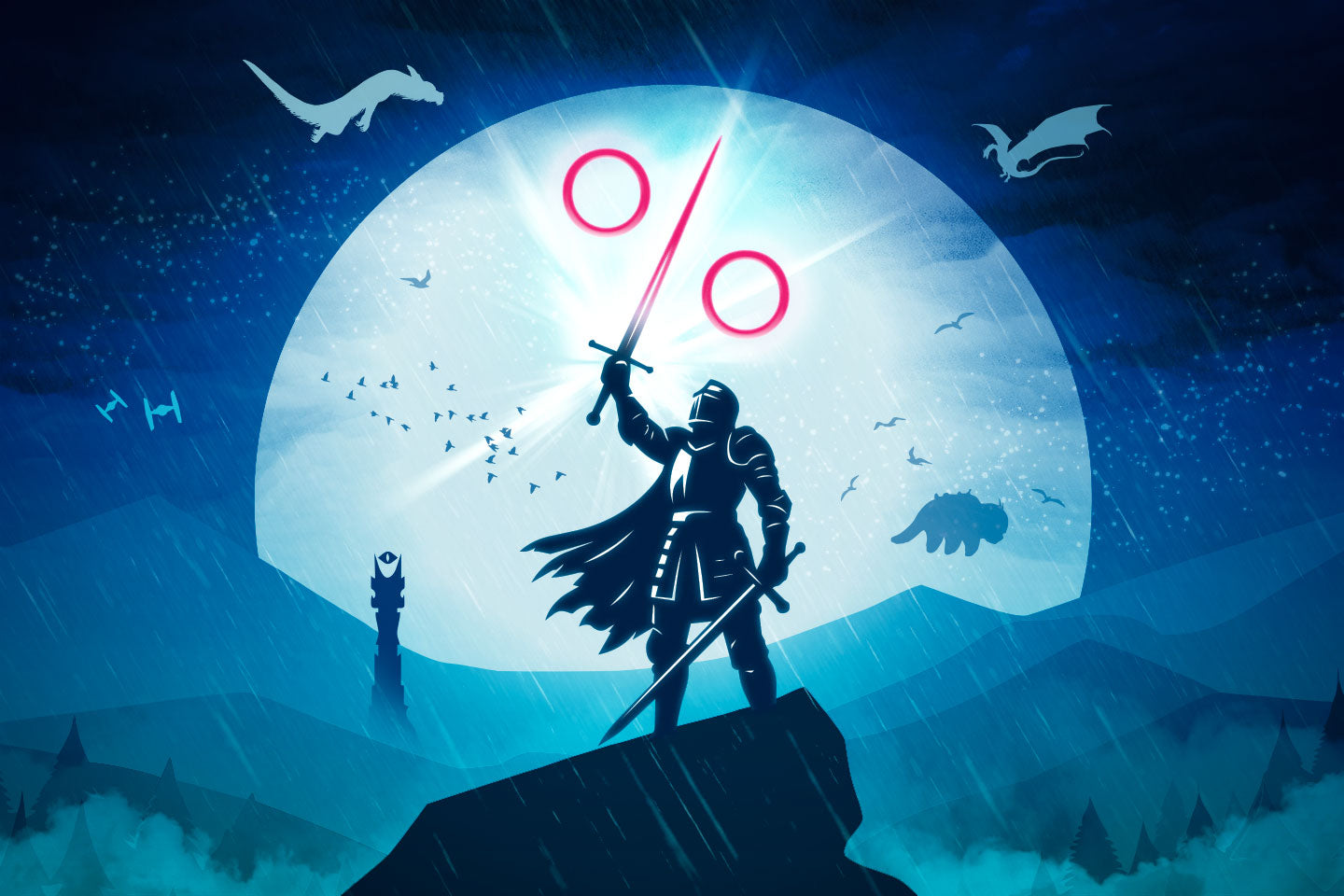 Silhouette eines Ritters mit zwei Schwertern vor einer hell leuchtenden Fantasy-Kulisse mit Drachen und weiteren Fabelwesen. Prozentzeichen symbolisiert eine Rabattaktion.