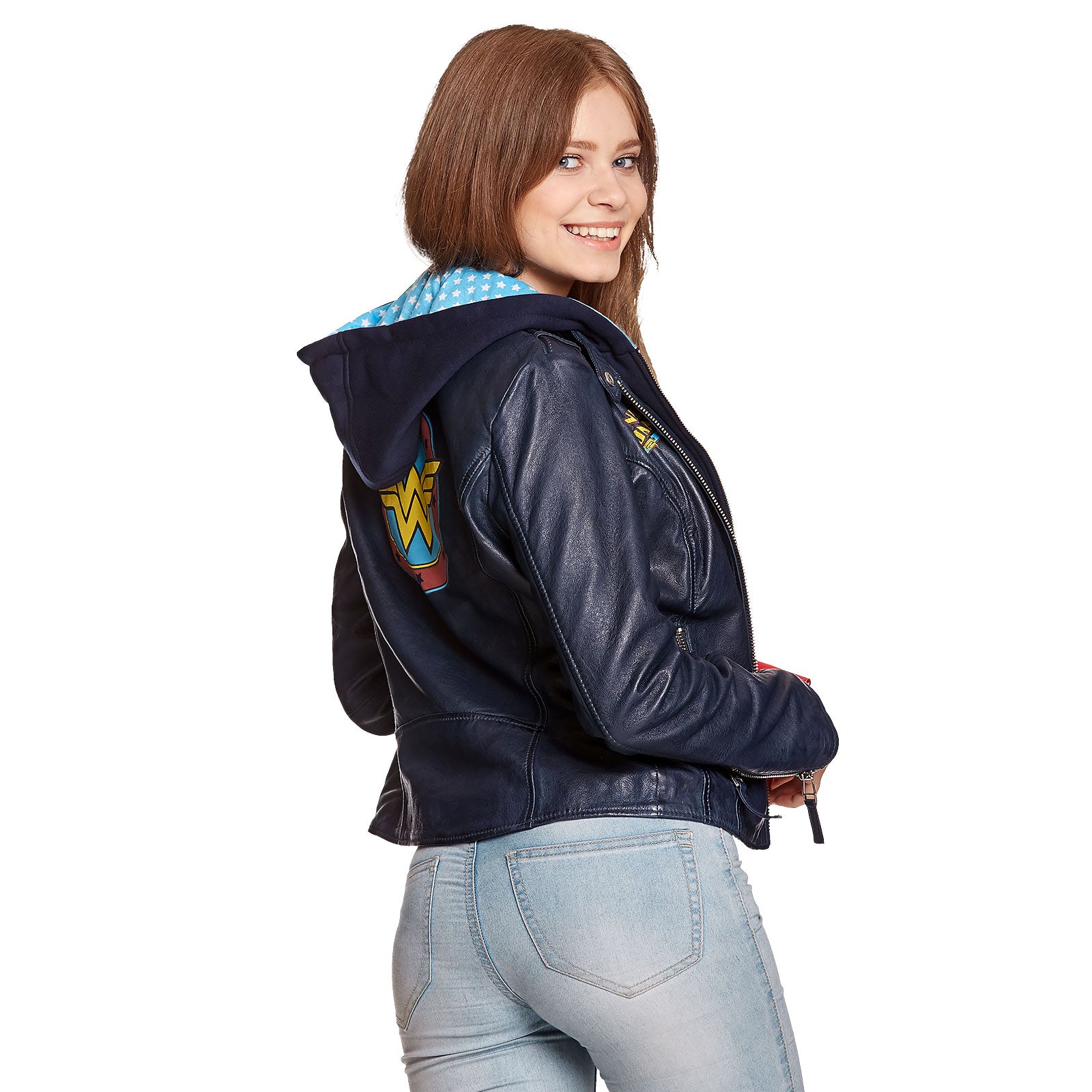 Productafbeelding Wonder Woman - Logo Leren Jas met Capuchon Blauw