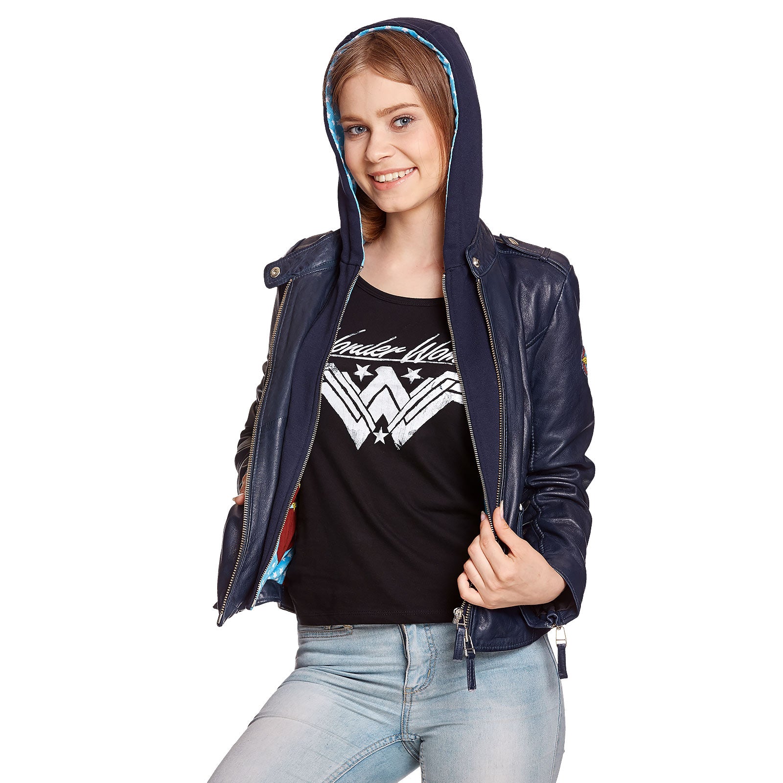 Productafbeelding Wonder Woman - Logo Leren Jas met Capuchon Blauw