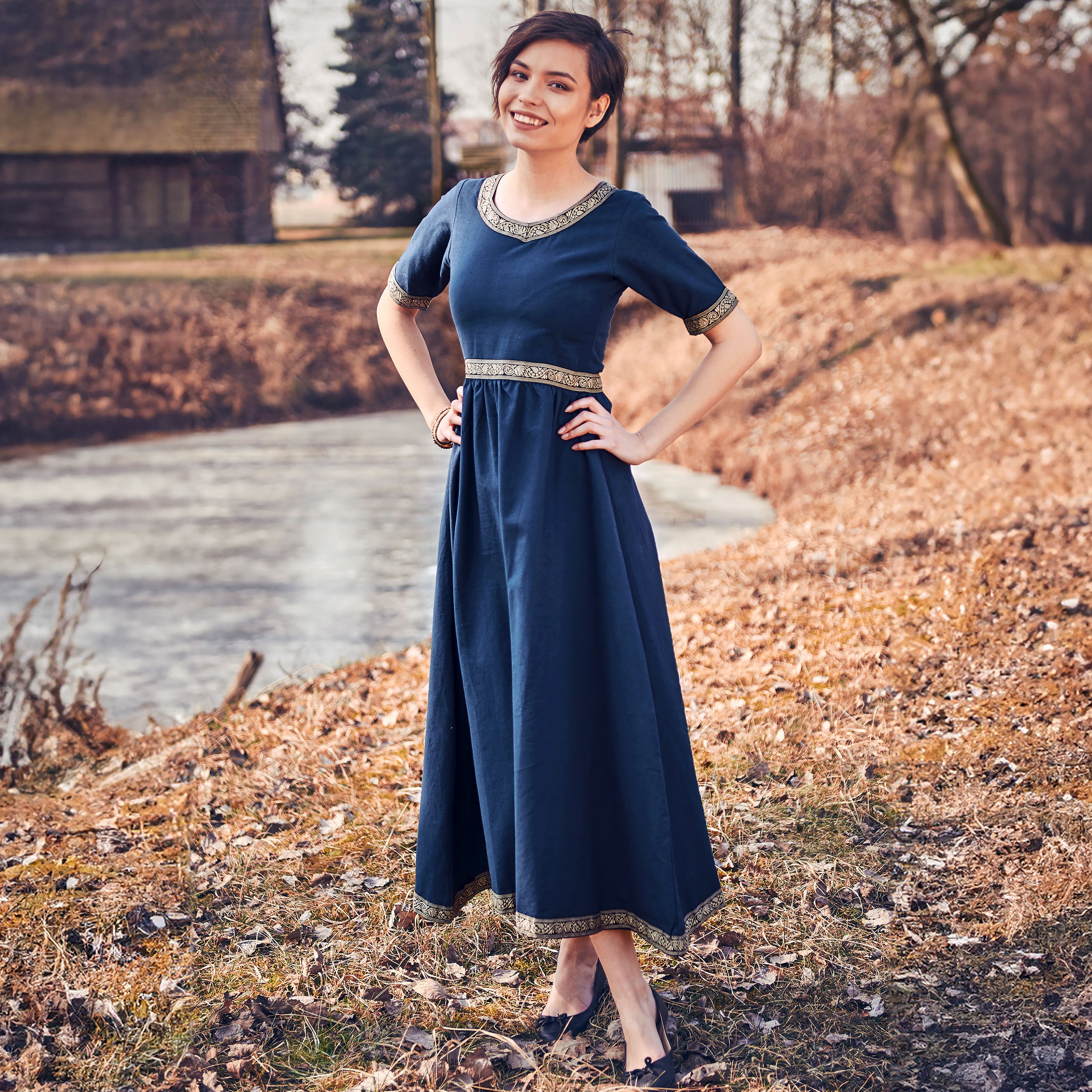 Productafbeelding Middeleeuwse Jurk Ennlin met Korte Mouwen Blauw
