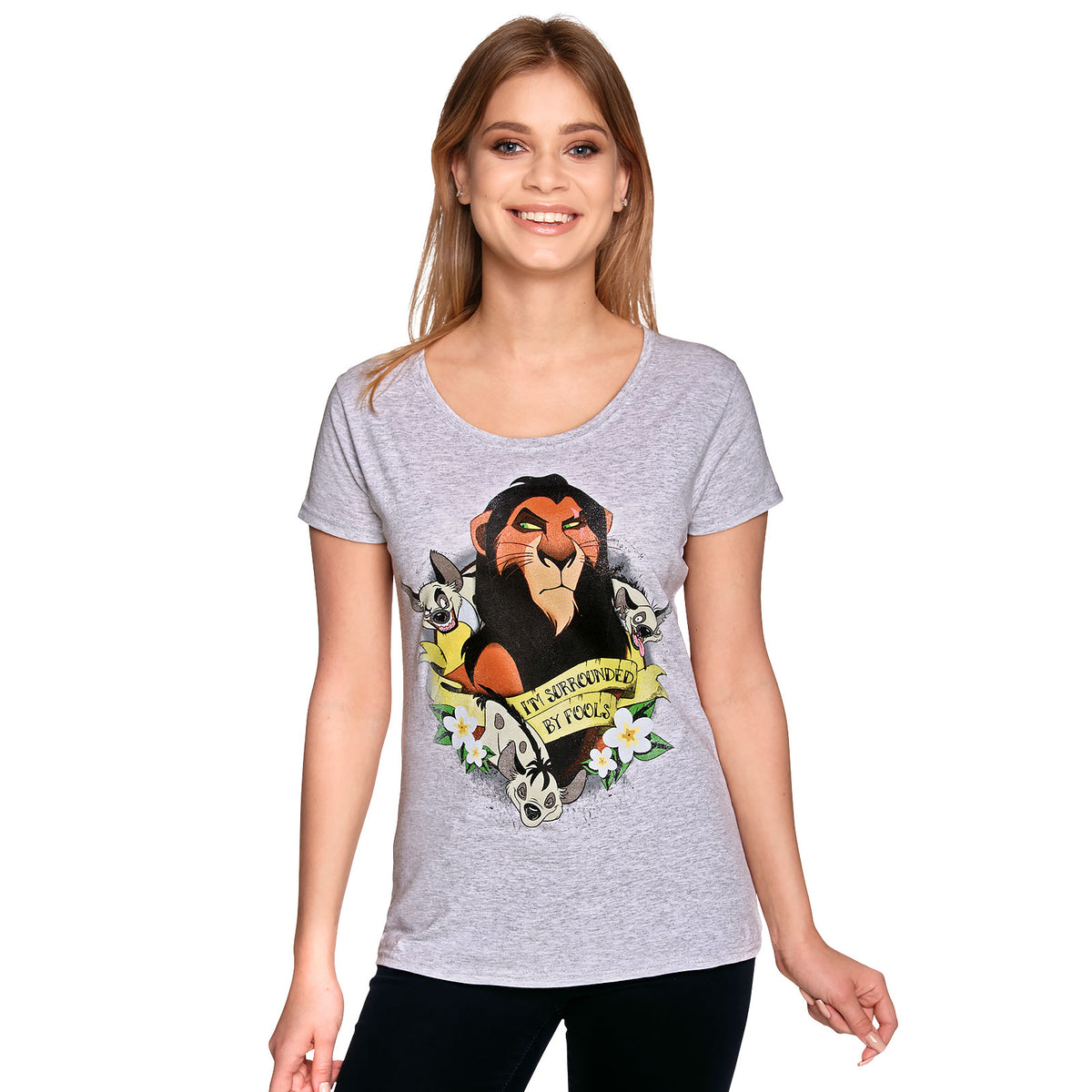 Productafbeelding De Leeuwenkoning - Scar Omringd door Dwazen Dames T-Shirt Grijs