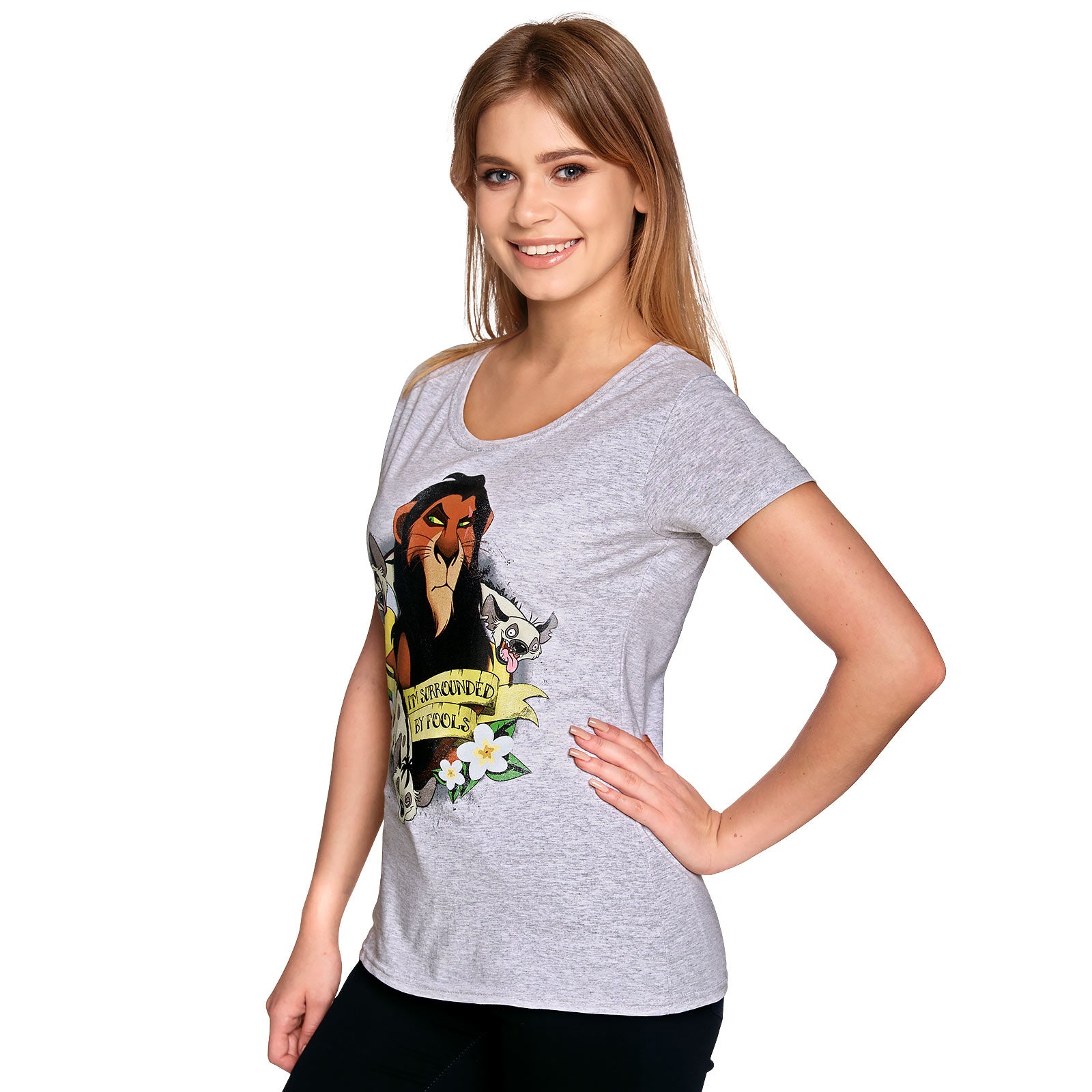 Productafbeelding De Leeuwenkoning - Scar Omringd door Dwazen Dames T-Shirt Grijs