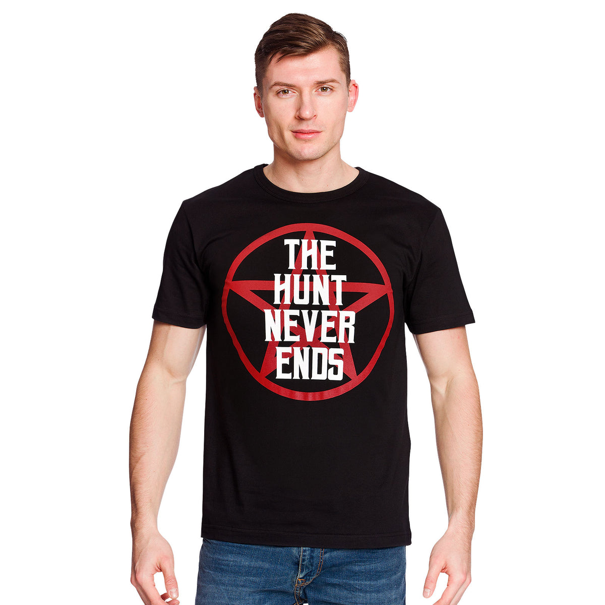 Productafbeelding The Hunt Never Ends T-shirt voor Supernatural Fans zwart