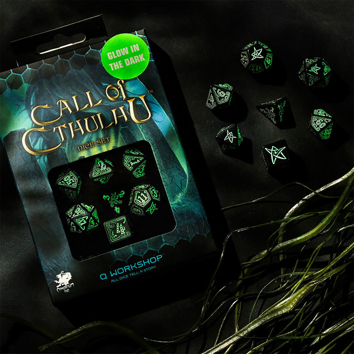 Productafbeelding Call of Cthulhu Glow in the Dark RPG Dobbelstenen Set 7 stuks zwart