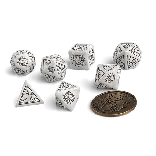 Productafbeelding Witcher - Geralt Witte Wolf RPG Dobbelstenenset 7-delig met verzamelaarsmunt