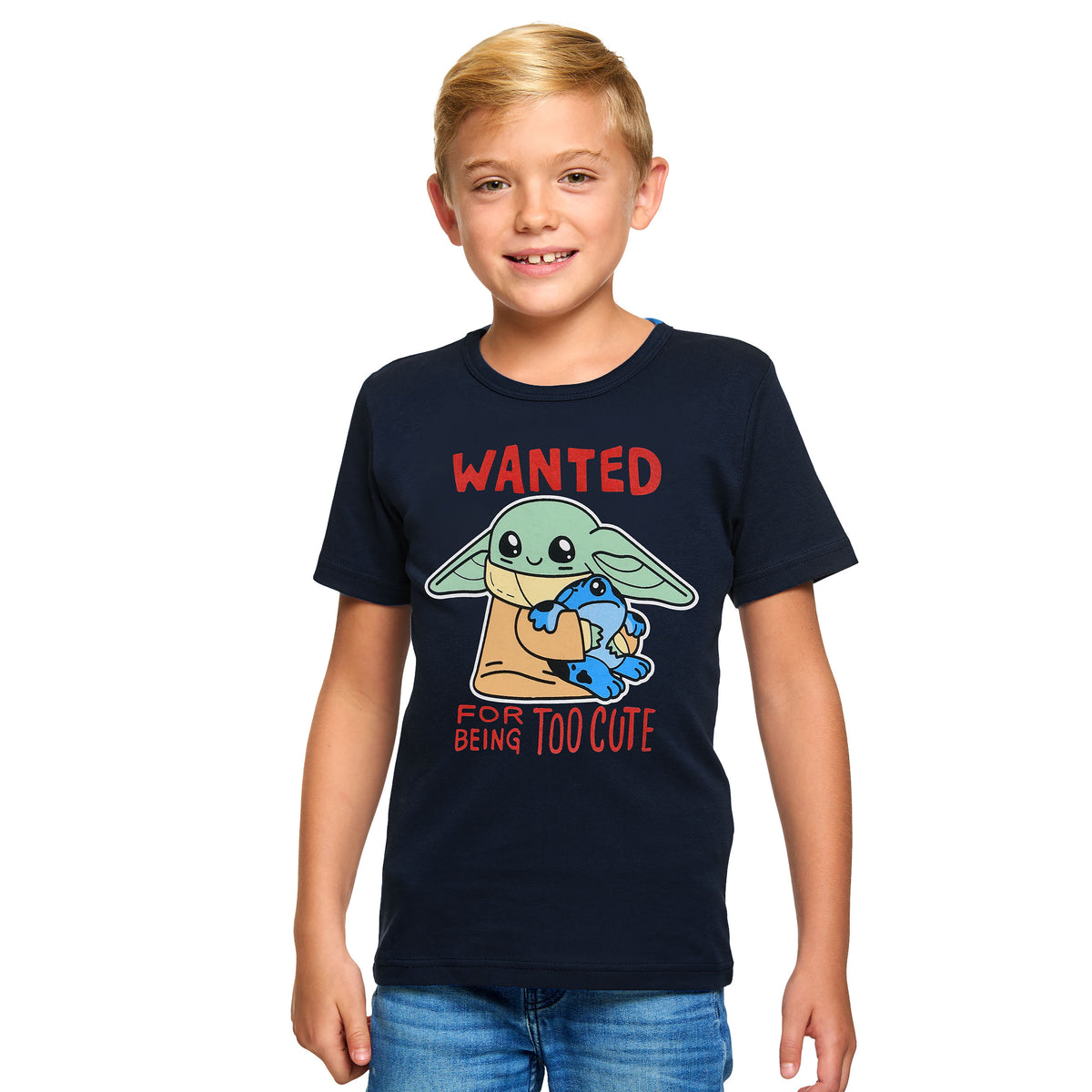 Productafbeelding Grogu Wanted Too Cute Kinder T-Shirt Blauw - Star Wars The Mandalorian