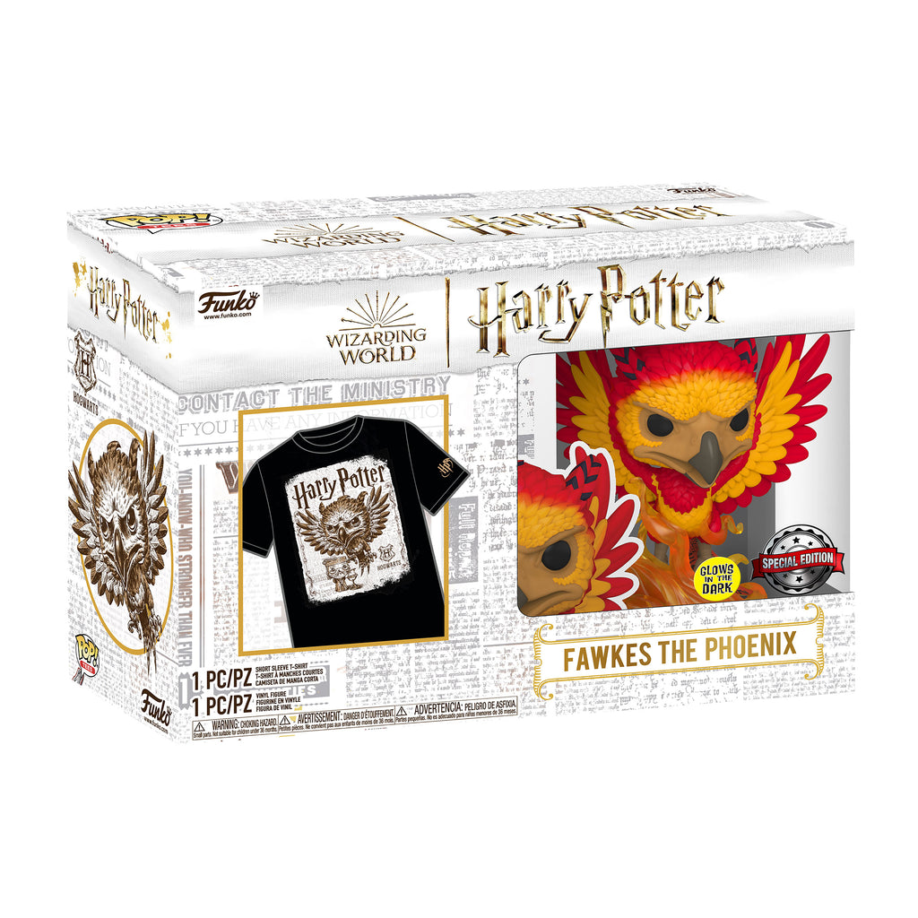 Productafbeelding Fawkes T-shirt met Funko Pop Glow in the Dark figuur - Harry Potter
