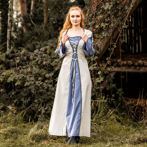 Productafbeelding Middeleeuwse jurk met vetersluiting blauw-naturel