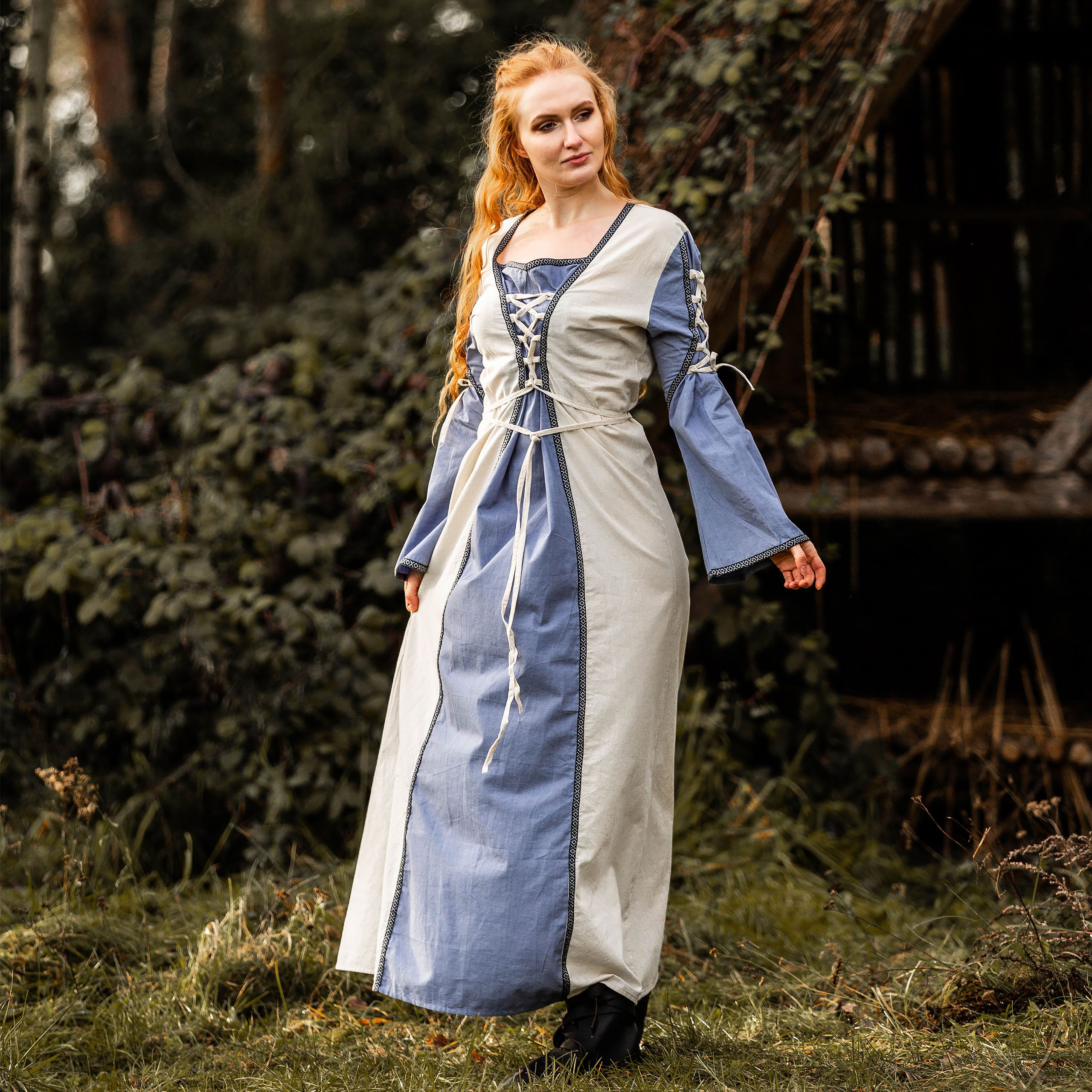 Productafbeelding Middeleeuwse jurk met vetersluiting blauw-naturel