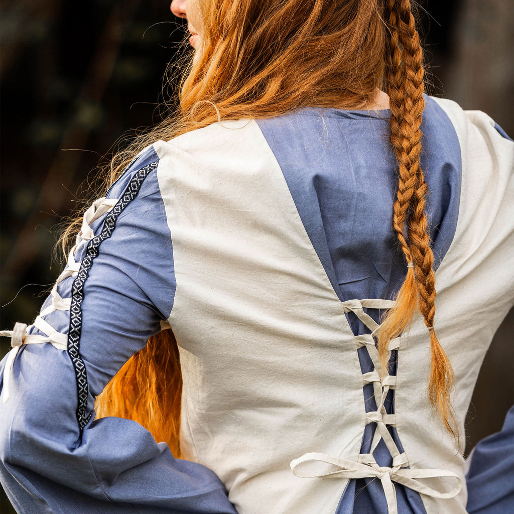 Productafbeelding Middeleeuwse jurk met vetersluiting blauw-naturel