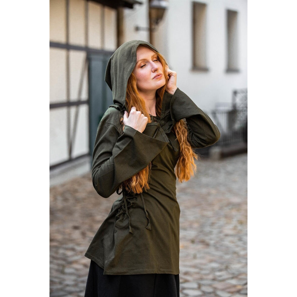 Productafbeelding Middeleeuwse blouse Lea met capuchon en vetersluiting groen