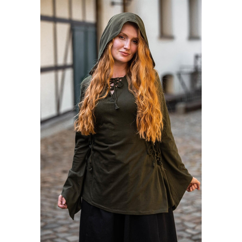 Productafbeelding Middeleeuwse blouse Lea met capuchon en vetersluiting groen