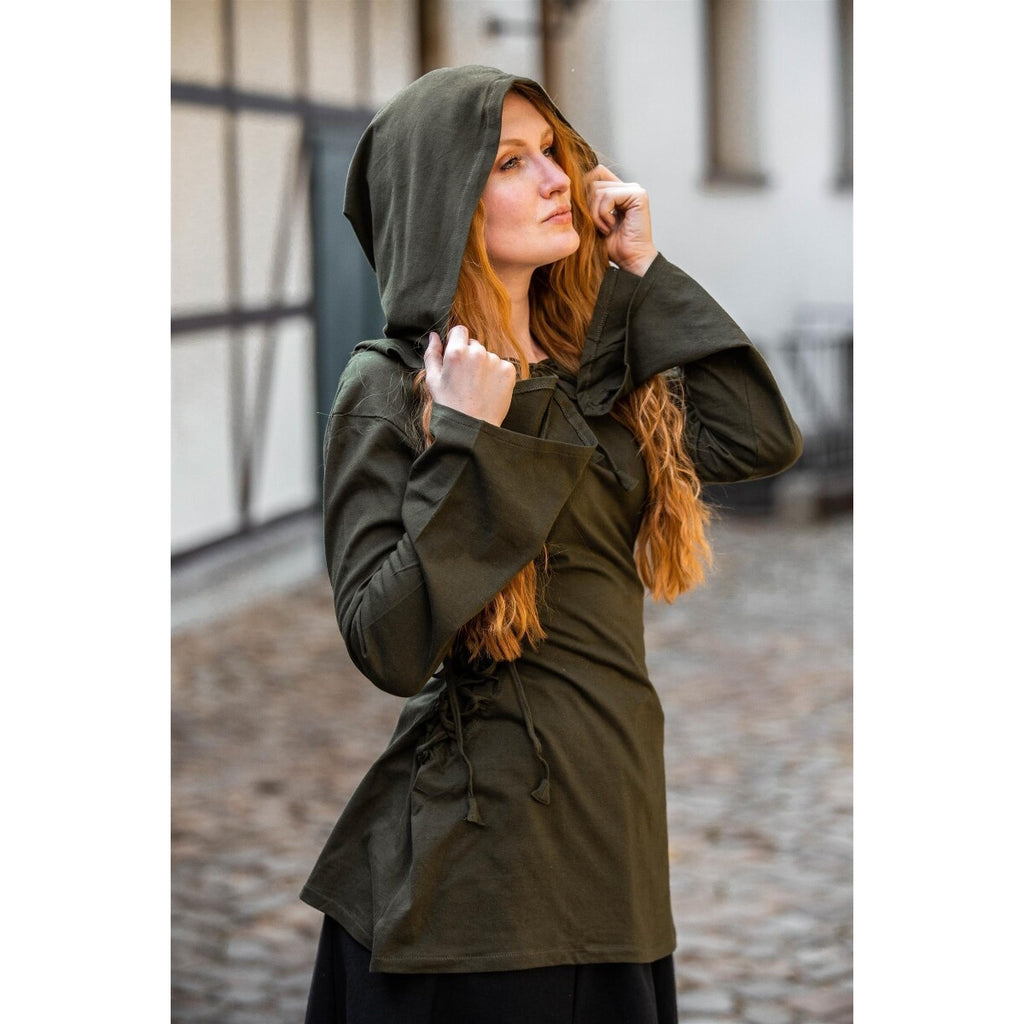 Productafbeelding Middeleeuwse blouse Lea met capuchon en vetersluiting groen