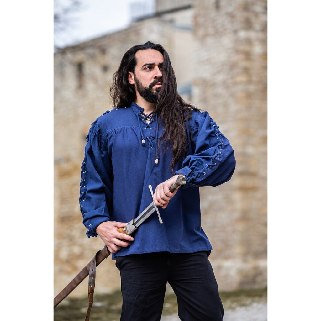 Productafbeelding Middeleeuws vetershirt met oogjes Adrian blauw