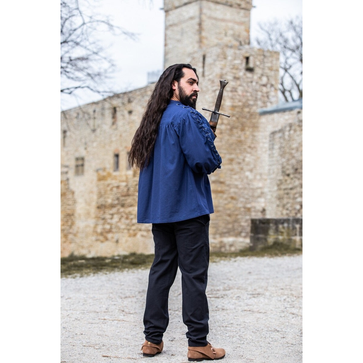 Productafbeelding Middeleeuws vetershirt met oogjes Adrian blauw