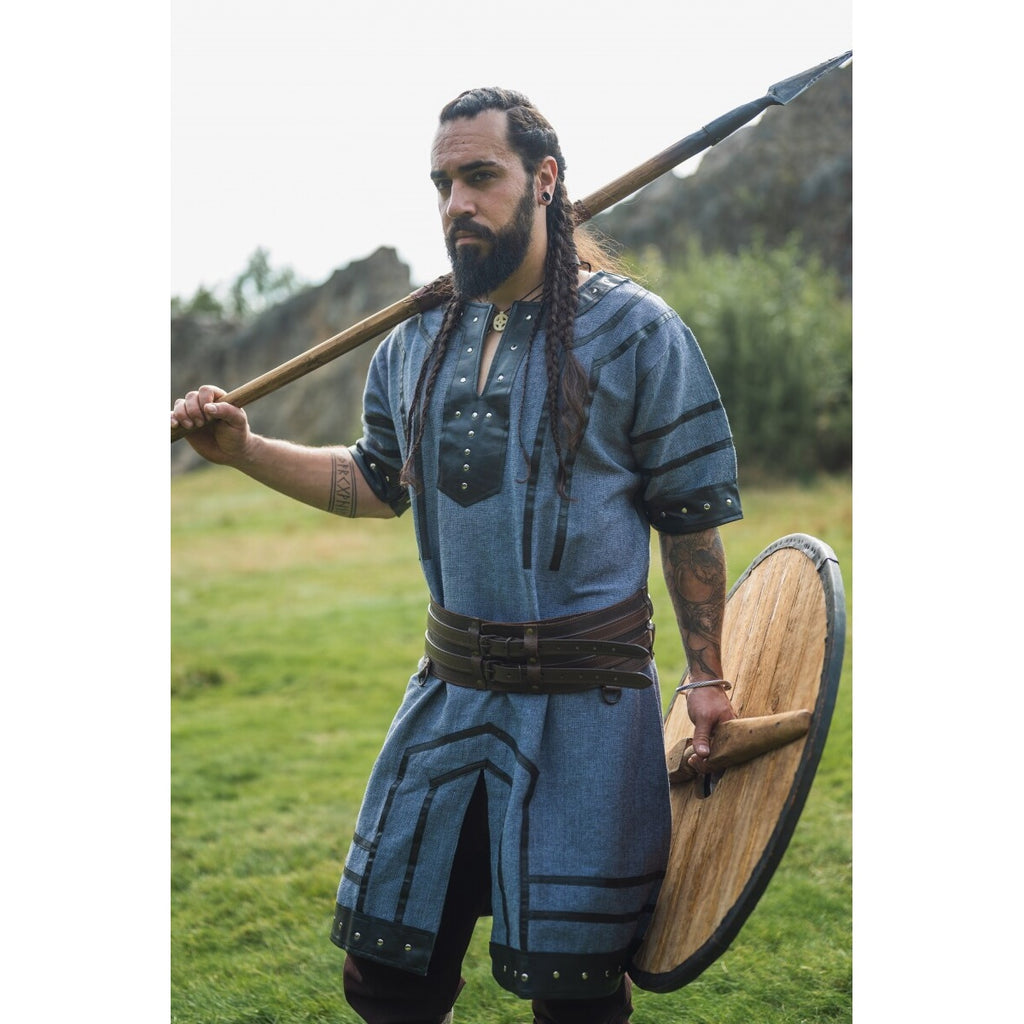 Productafbeelding Middeleeuwse Viking tuniek Rollo met korte mouwen blauwgrijs