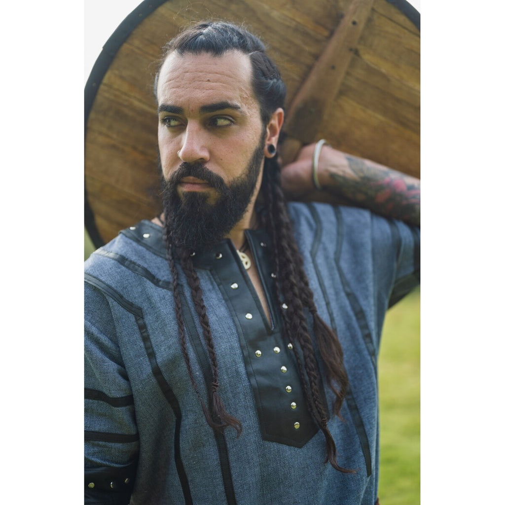 Productafbeelding Middeleeuwse Viking tuniek Rollo met korte mouwen blauwgrijs