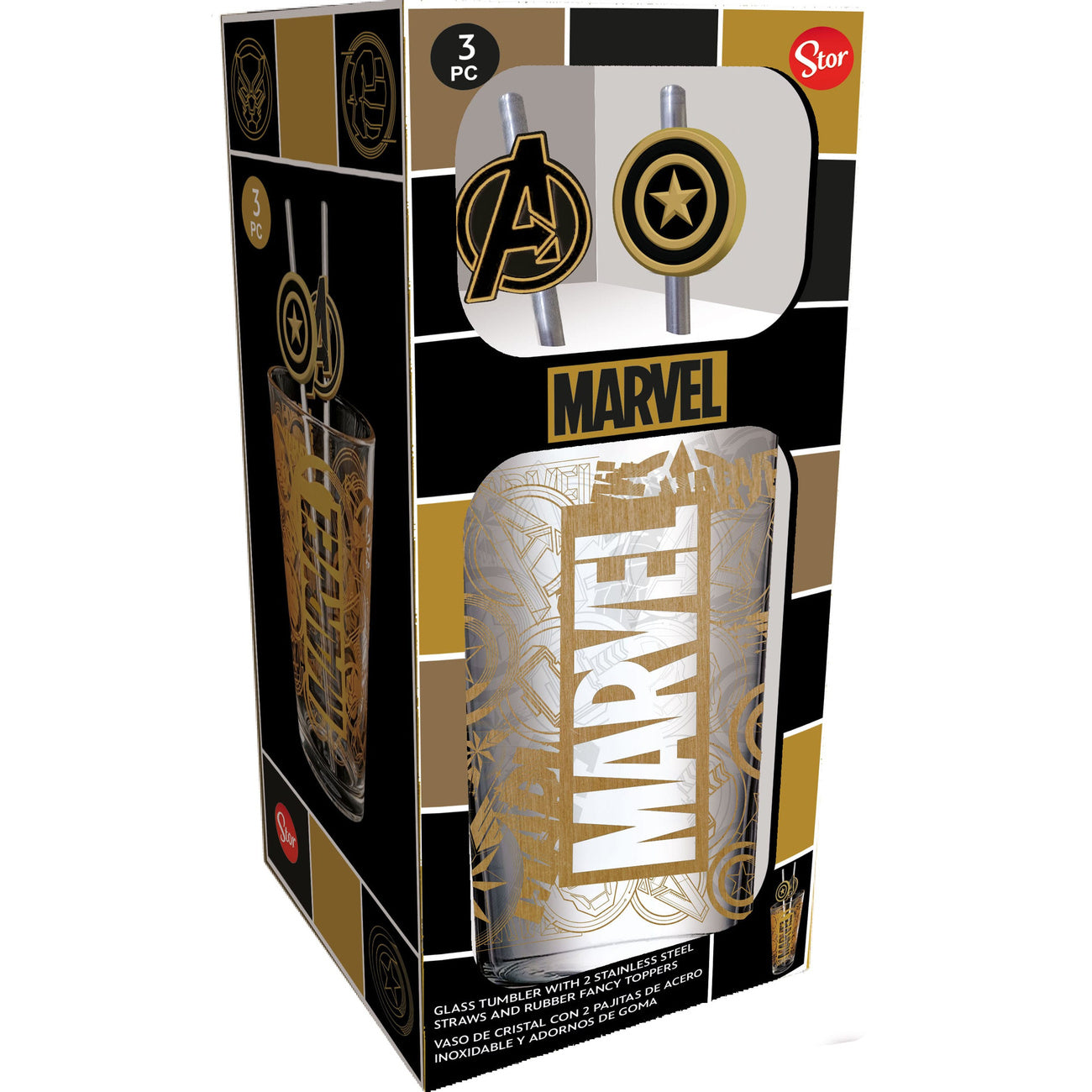 Productafbeelding Marvel glazen tumbler met rietjes Logo & Avengers 485 ml